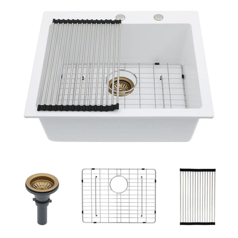 25 in. Drop-In Single Bowl White Quartz Composite Kitchen Sink with Drying Rack, Basket Strainer and Bottom Grid price history on PriceWatchPro