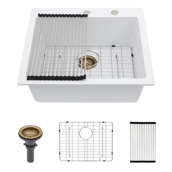 25 in. Drop-In Single Bowl White Quartz Composite Kitchen Sink with Drying Rack, Basket Strainer and Bottom Grid
