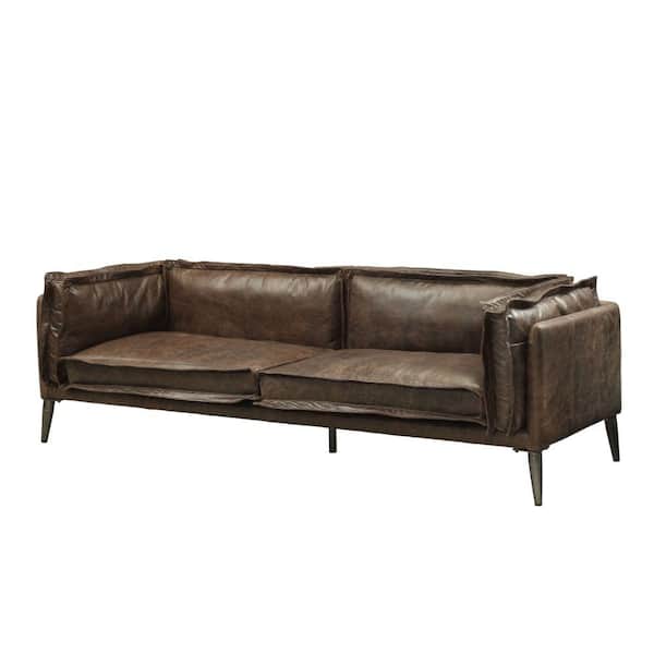 Benjara 34 in. Brown Solid Leather 2-Seater Loveseat with Track Arms and Metal Legs