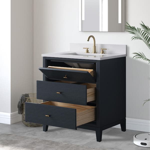 30 in. W x 34 in. H Single Sink Vintage Spruce Blue Bath Vanity Cabinet with Arabescato White Engineered Marble Top