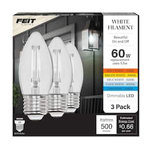 60-Watt Equivalent B10 E26 Base Dimmable White Filament Clear Chandelier Candle LED Light Bulb Selectable White (3-Pack)