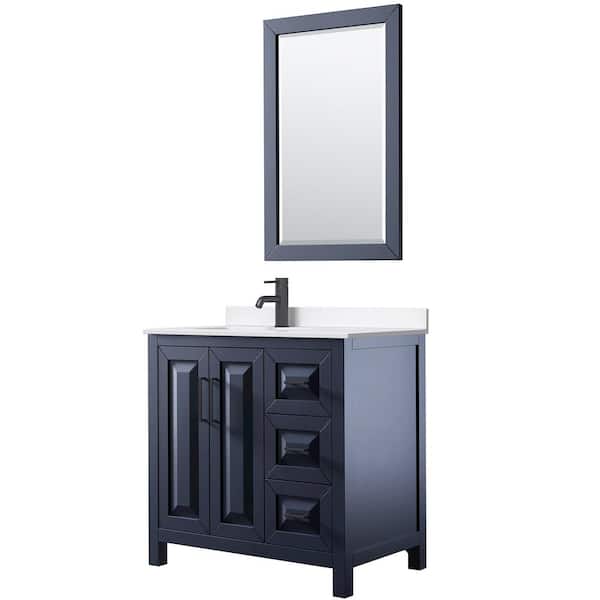 Wyndham Collection Daria 36 in. W x 22 in. D x 35.75 in. H Single Bath Vanity in Dark Blue with White Quartz Top and 24 in. Mirror