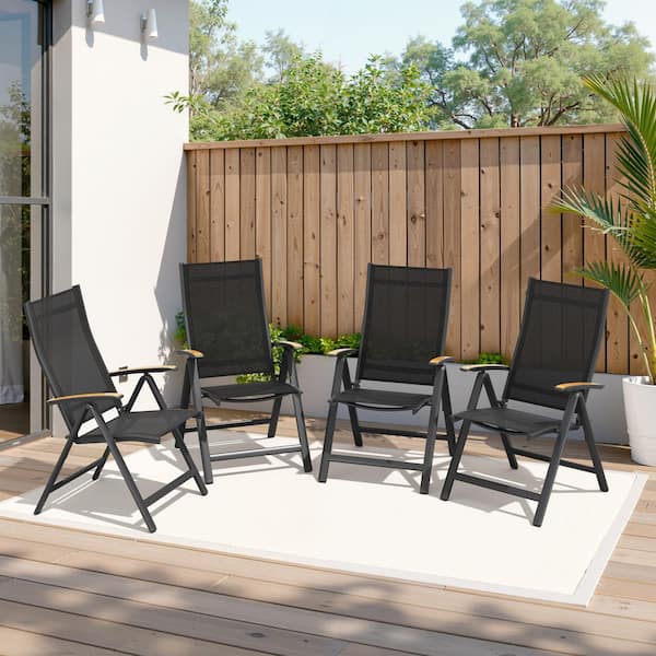 Set of 4 Foldable Outdoor Dining Chair with Aluminum Frame 8-Adjustable Position Backrest Black Textilene Fabric
