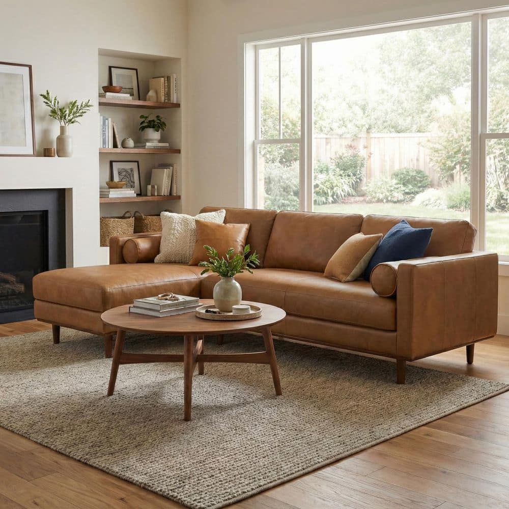 Simpli Home Morrison Mid Century 102 inch Straight Arm Genuine Leather Rectangle Left Sectional Sofa in. Caramel Brown AXCSECMOL-CAR