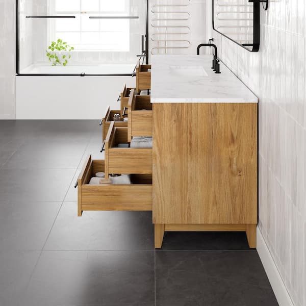 Graham 72 in. Single Sink Oak Bath Vanity with White Arabescato Engineered Stone Top (Assembled)