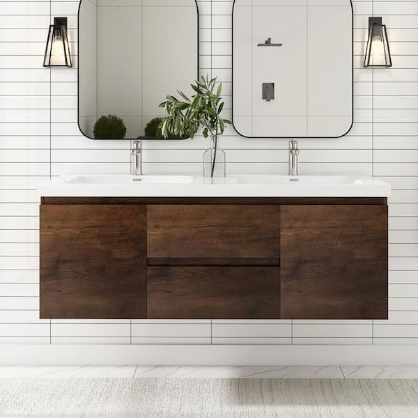 JimsMaison 60 in. W x 19.5 in. D x 20.5 in. H Bathroom Vanity in Rose Wood with White Cultured Marble Top and Double Basin