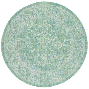 Courtyard Green/Ivory 7 ft. x 7 ft. Round Border Floral Scroll Indoor/Outdoor Area Rug