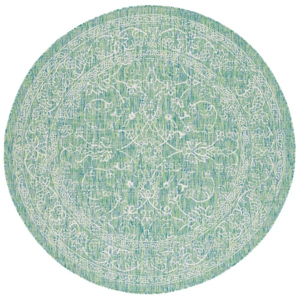 Courtyard Green/Ivory 7 ft. x 7 ft. Round Border Floral Scroll Indoor/Outdoor Area Rug