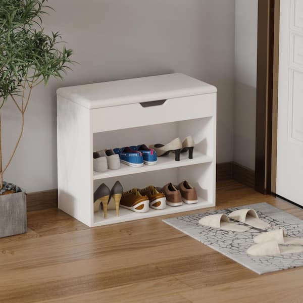 21.2 in. H x 24 in. W 6-Pair Shoes White Wood Shoe Storage Bench with Hidden Storage Compartment