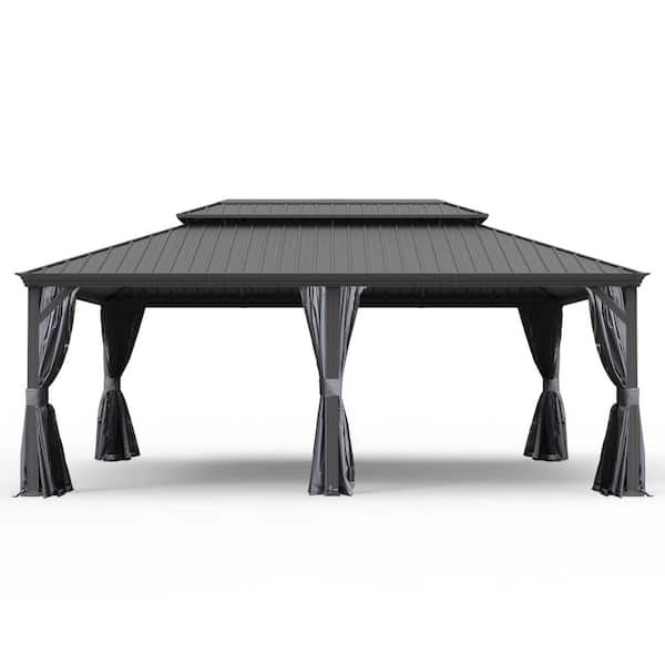 14 ft. x 20 ft. Gray Metal Galvanized Steel Roof Hardtop Gazebo with Curtains and Netting