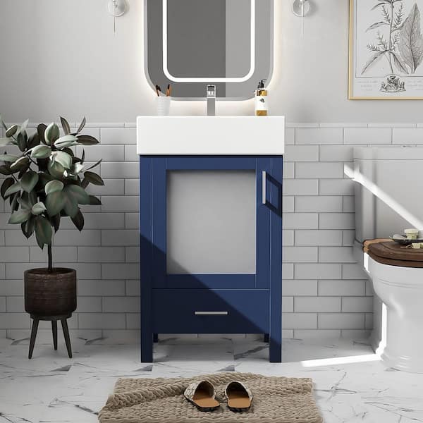 Polibi 20.28 in. W Single Sink Freestanding Bath Vanity in Blue with White Ceramic Top, 1 Doors and 1 Drawers