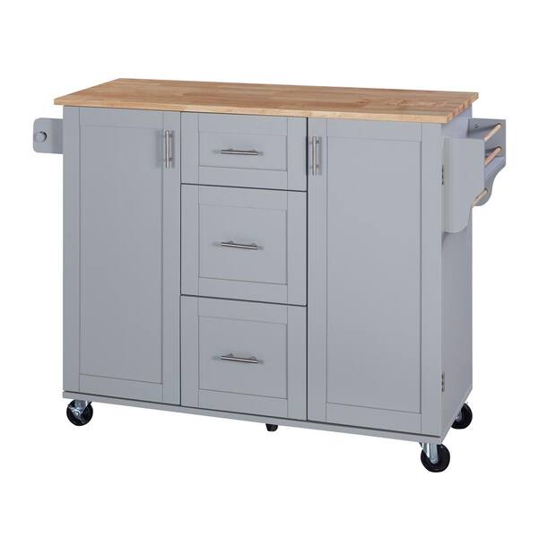 Tileon Grey Wooden 51 in. Rolling Kitchen Island with 3 Drawers, 2 Slide-Out Shelf & Internal Storage Rack & Rubber Wood Top