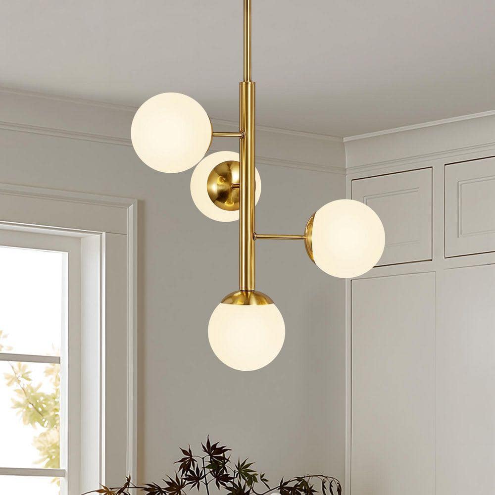 KAISITE 4-Light Modern Gold Sputnik Linear Chandelier With Glass