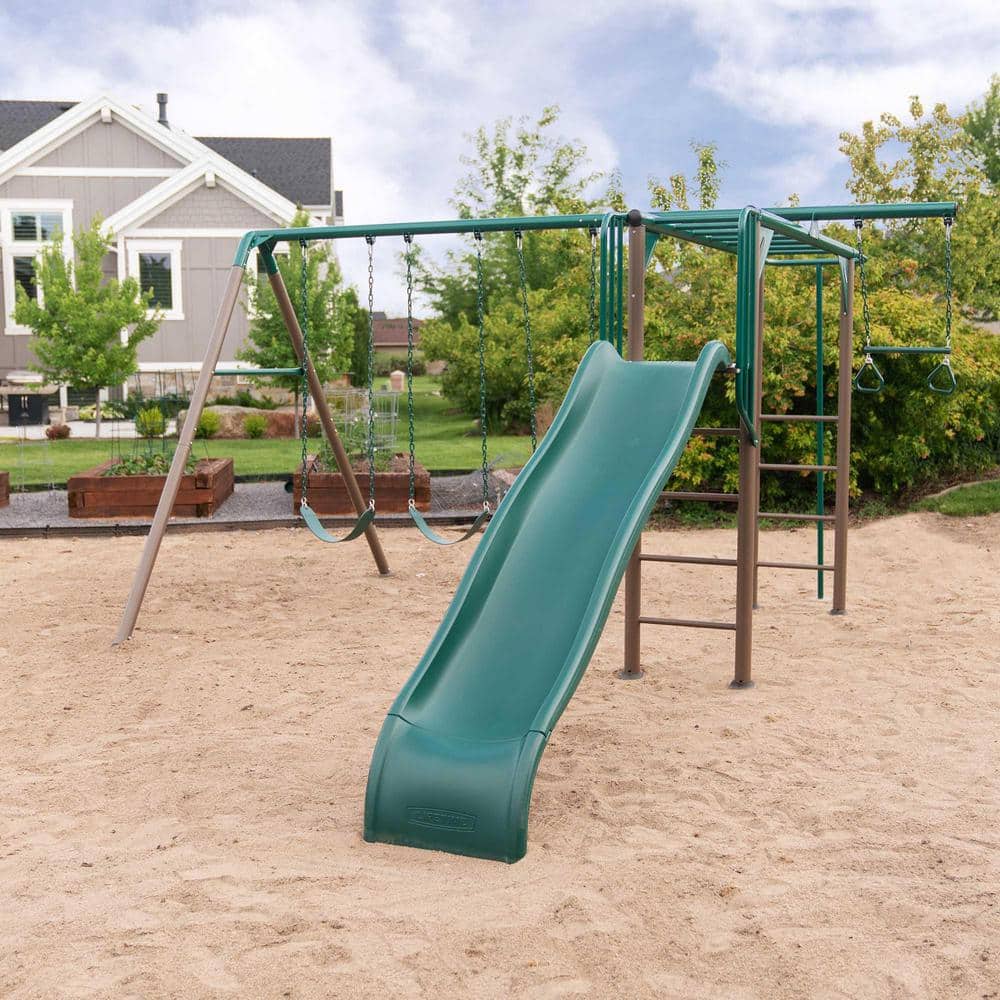 Green and Brown Metal Monkey Bar Swing Set with Slide