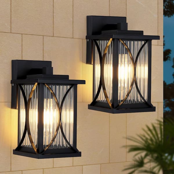 9.5 in. 1-Light Matte Black Hardwired Outdoor Wall Lantern Sconce with Clear Striped Glass Shade (2-Pack)