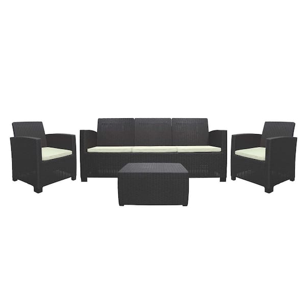 Inval Sanchia Espresso 4-Piece Resin Outdoor Sofa Patio Set with Beige Cushions