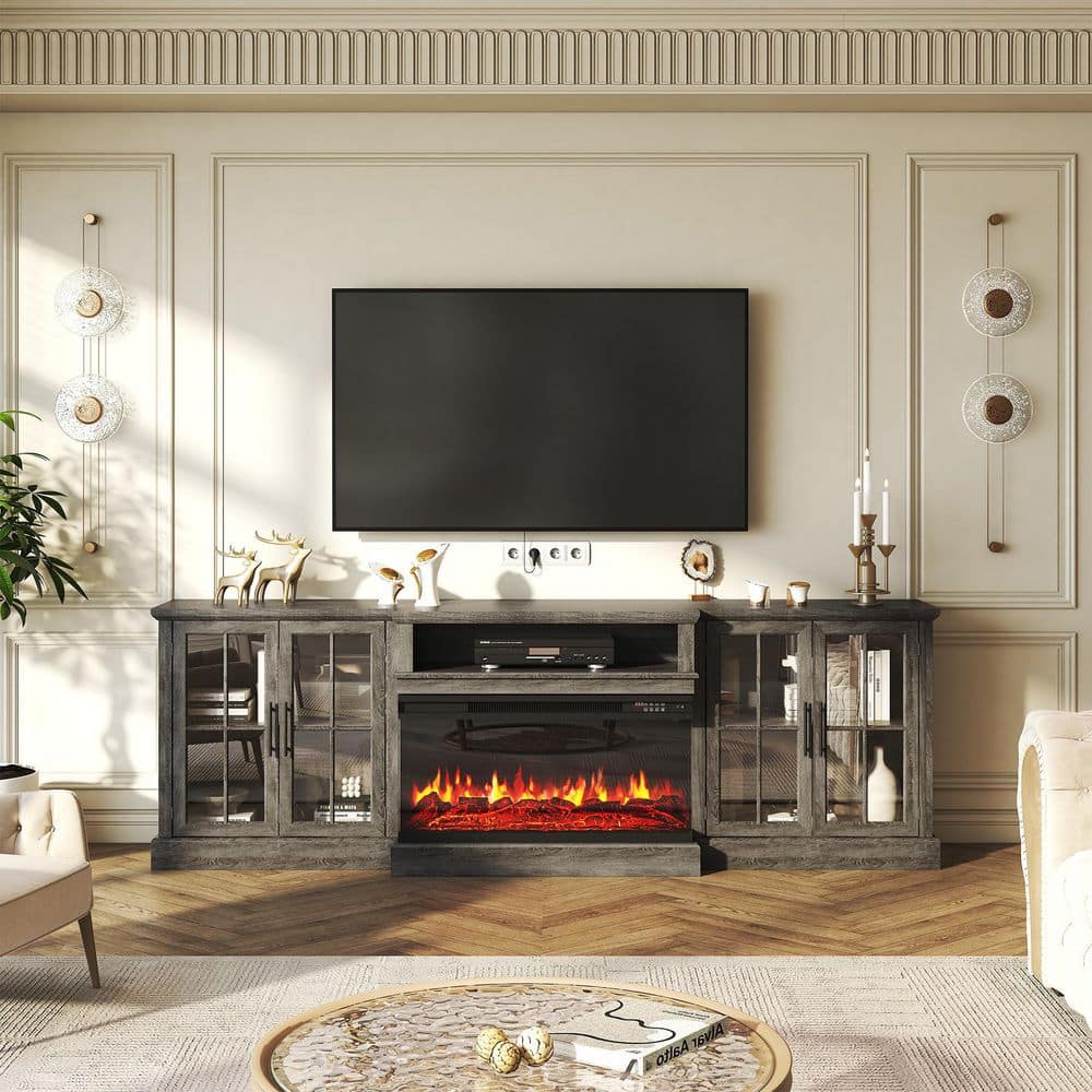 98 in. Freestanding Wooden TV Stand with 3-Sided Electric Fireplace and Dual Glass Cabinets in Gray price history on PriceWatchPro