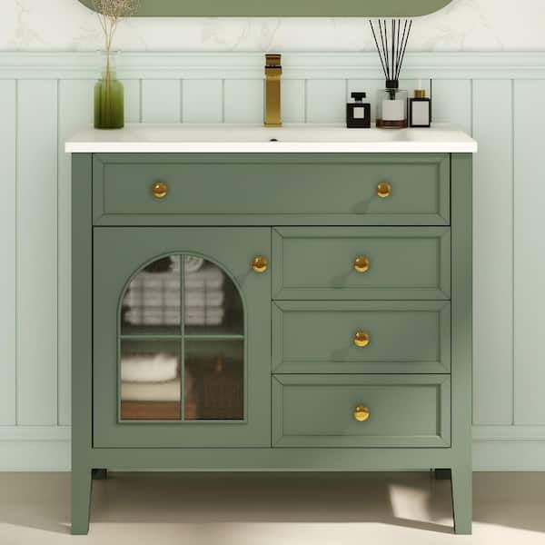 36 in. Single Sink Freestanding Green Bath Vanity with White Ceramic Top, Motion-sensor Light, Drawers