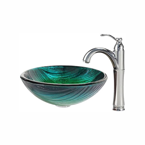 KRAUS Nei Glass Vessel Sink in Green with Riviera Faucet in Chrome