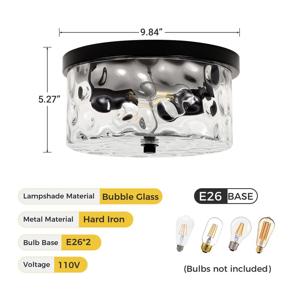 9.8 inch Matte Black Flush Mount Ceiling Light with Hammered Glass Shade