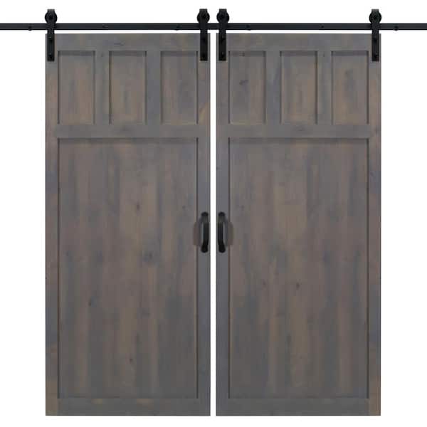 Dogberry 36 in. x 84 in. Craftsman Ash Gray Double Sliding Barn Doors with Hardware Kit