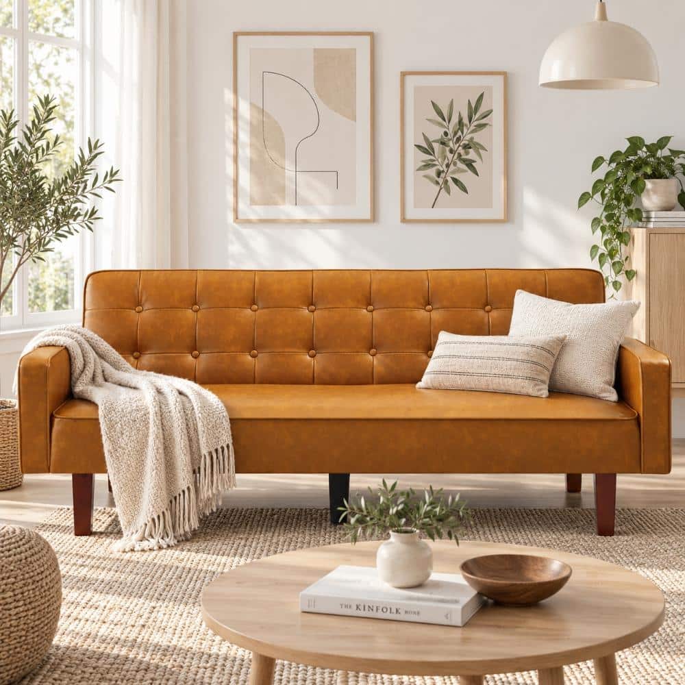 WONDER COMFORT Chic 74 in. Faux Leather 2-Seats Loveseat Convertible Futon Sofa Bed in Retro Brown for Compact Room