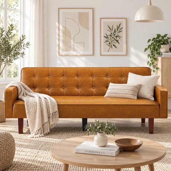 WONDER COMFORT Chic 74 in. Faux Leather 2-Seats Loveseat Convertible Futon Sofa Bed in Retro Brown for Compact Room TN-2139OR
