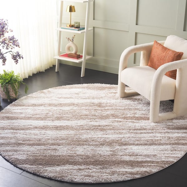 Penelope Shag Taupe/Ivory 7 ft. x 7 ft. Striped Distressed Round Area Rug