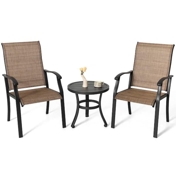 Nuu Garden Brown 3-Piece Textilene and Iron Outdoor Bistro Set, 2 Bistro Chairs and Round Bistro Table