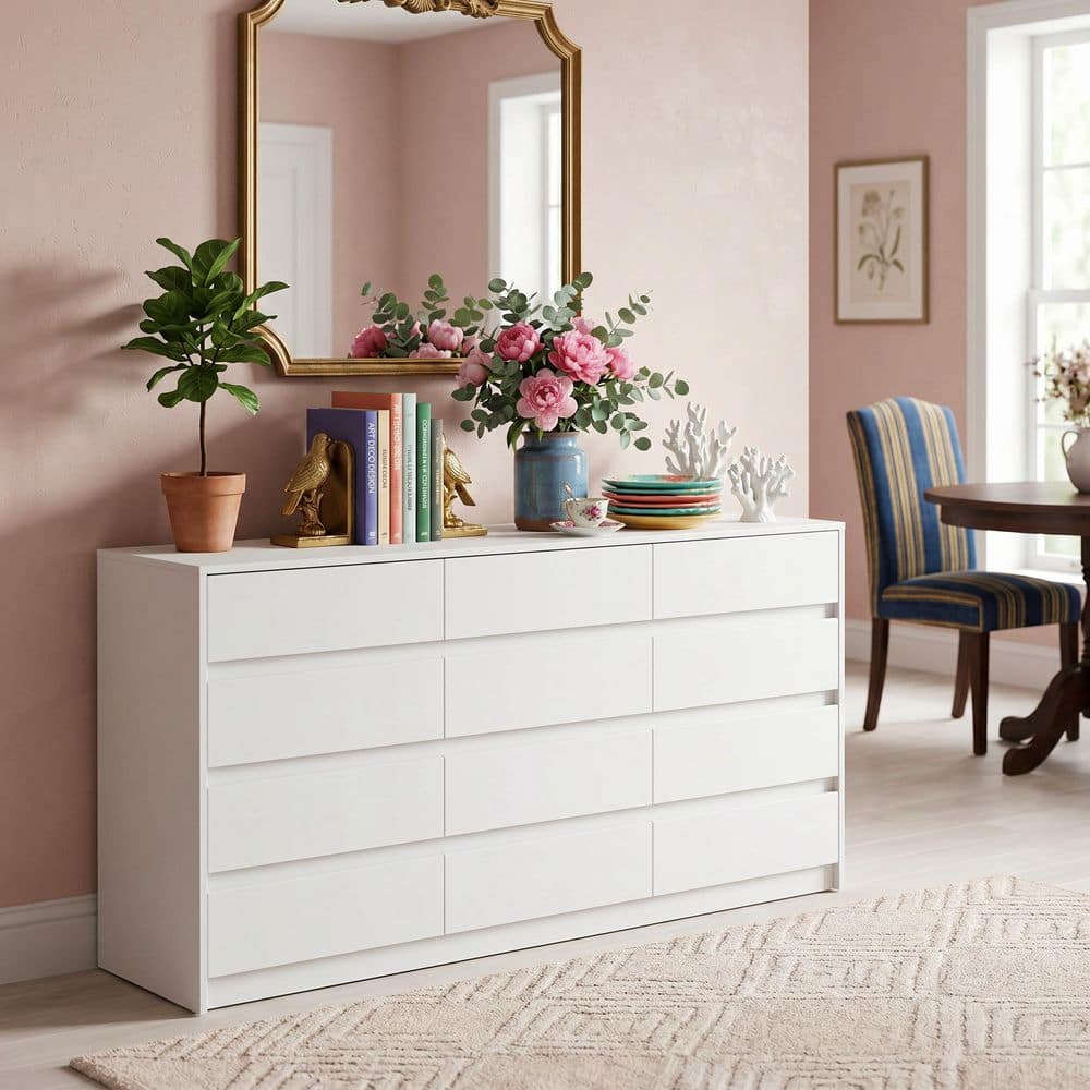 FUFU&GAGA White 12-Drawer 63 in. Width Wooden Chest of Drawers