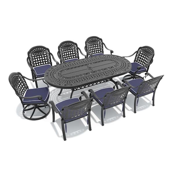 7-Piece Black Cast Aluminum Patio Outdoor Dining Set with Oval Table and 6 Swivel Dining Chairs, Blue Cushions