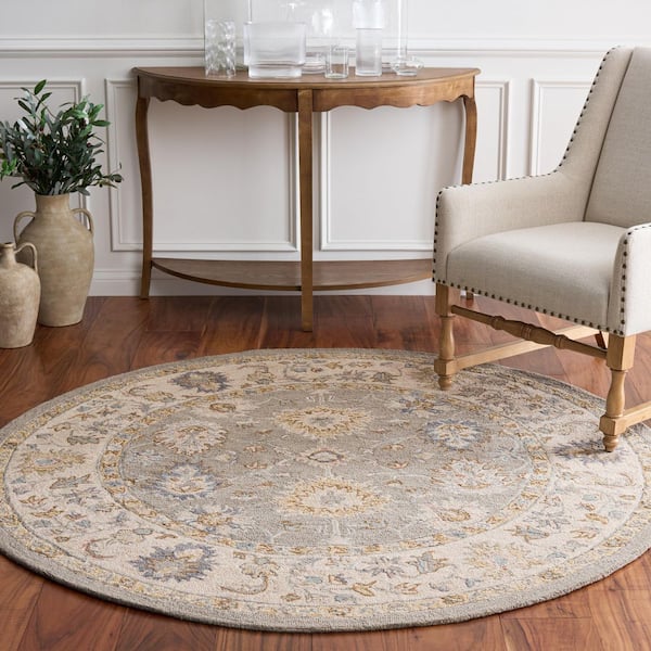 Martha Stewart 6 ft. x 6 ft. Round Gray/Ivory Border Floral Ornate Area Rug