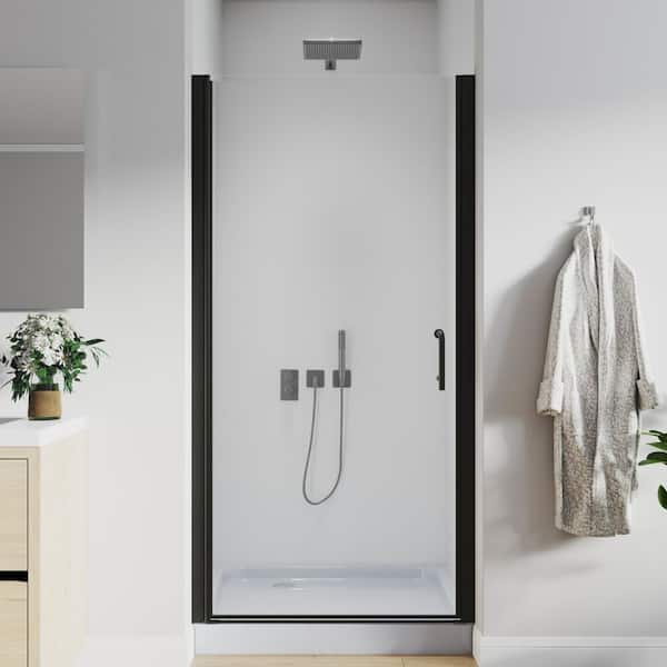 36 to 37-1/4 in. H Pivot Swing Frameless Shower Door in Black with Clear Glass