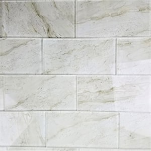 Tuscan Design Glossy Crema Marfil Subway 4 in. x 8 in. Marble Look Glass Wall Tile Sample