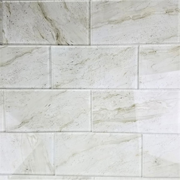 ABOLOS Tuscan Design Glossy Crema Marfil Subway 4 in. x 8 in. Marble Look Glass Wall Tile Sample