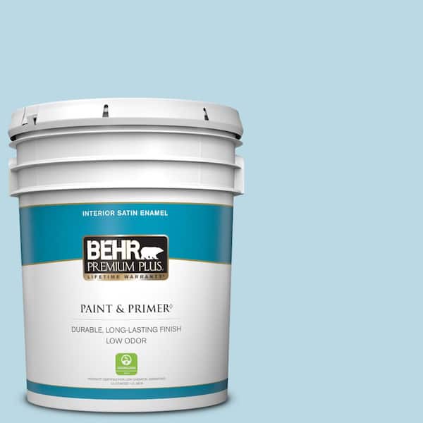 BEHR PREMIUM PLUS 5 gal. #M490-1 Breezy Blue Satin Enamel Low Odor Interior Paint & Primer