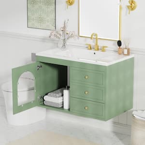 30 in. x 18 in. x 19 in. Elegant Floating Storage Bathroom Vanity Cabinet in Green with White Caremic Top and Drawers