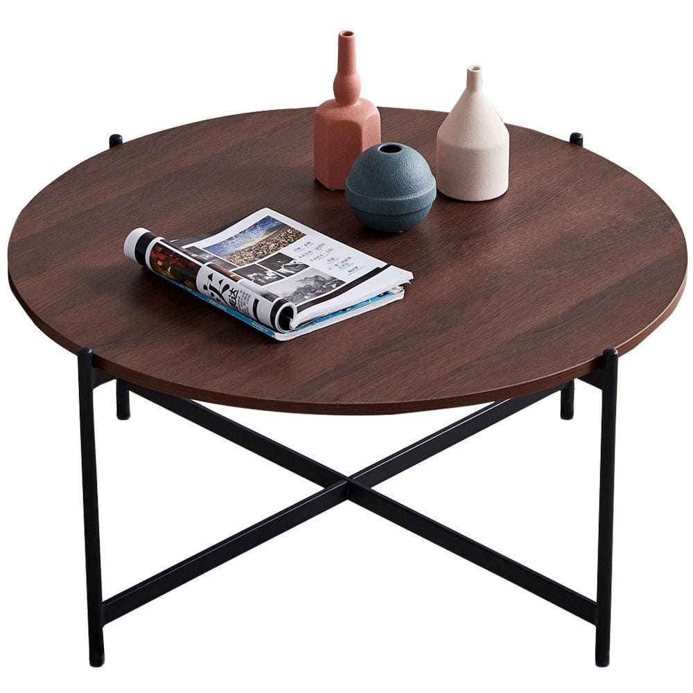 Westsky 36 in. Wide Black Metal Frame Modern Functional Round Storable End Table with Walnut Color Wood Top for Living Room -  W24714243-BK