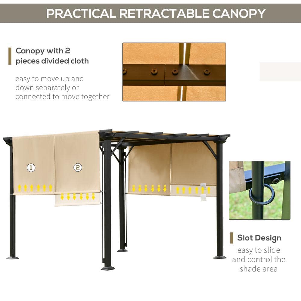 Beige 10' x 10' Outdoor Retractable Metal Pergola Canopy