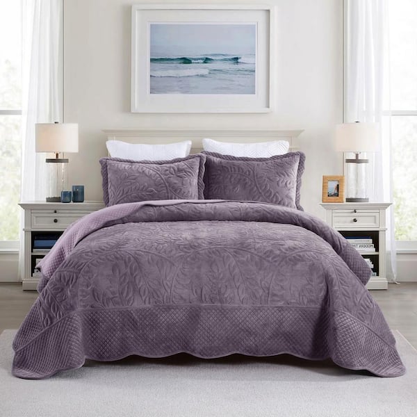 BYV308 Purple Leaf and Vines Queen Size Polyester Velvet Quilt Bedspread Set