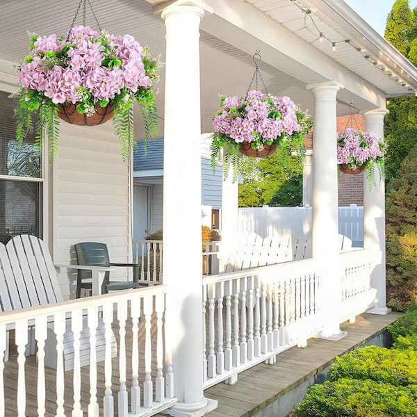21.3 in. Purple Outdoor Artificial Hydrangea Flower in Basket