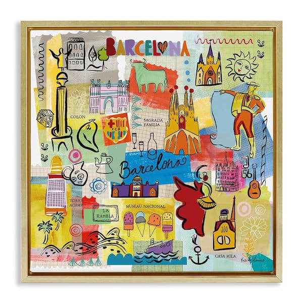 Stupell Industries Barcelona Landmarks Spain Traditions by Veronique Charron Gold Floater Frame Travel Graphic Art Print 18 in. x 18 in.