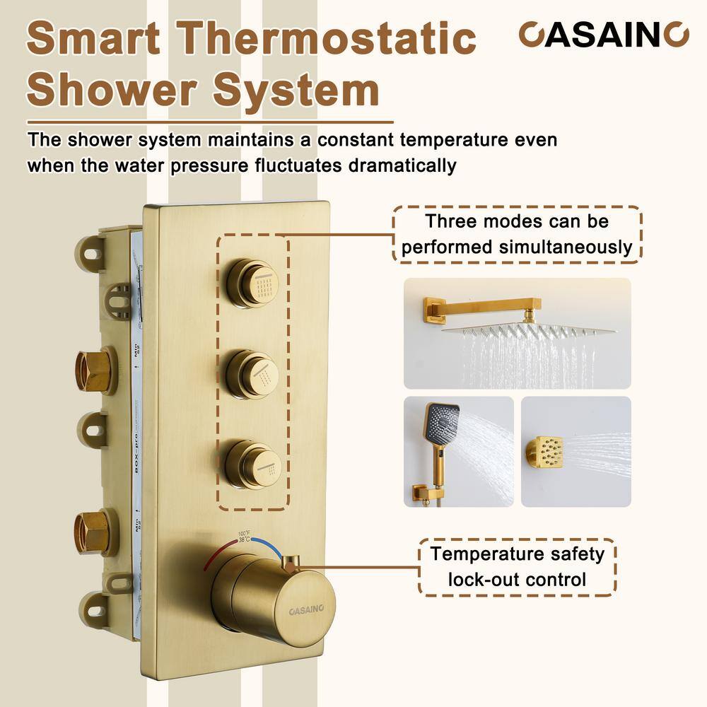Brushed Gold Dual Square Wall Mount Shower System with Handheld