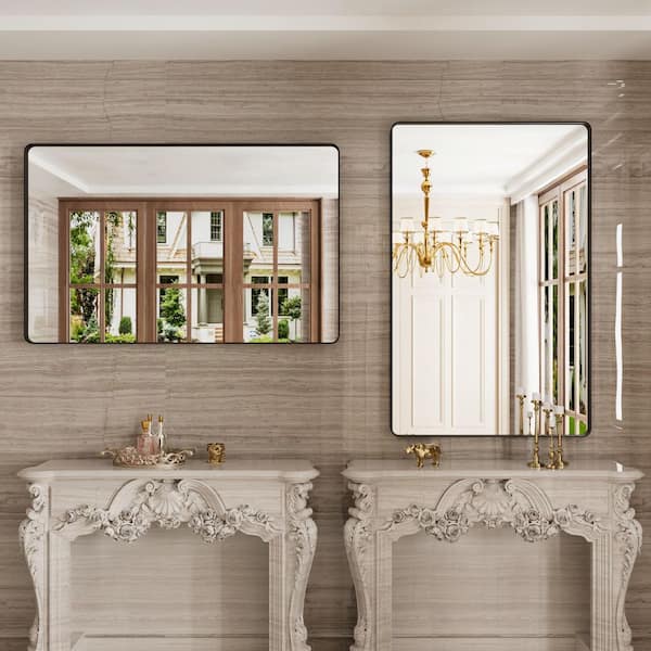 48 in. W x 30 in. H Oversize Rectangular Black Wall Mirror Aluminum Alloy Framed Bathroom Mirror