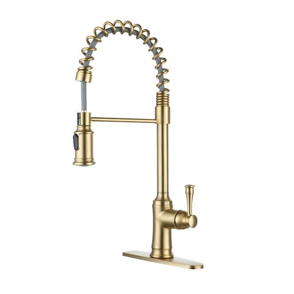 Boyel Living 2-Spray Patterns Single Handle Pull Down Sprayer Kitchen Faucet with Deckplate and Water Supply Hoses in Brushed Gold