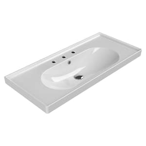 Arya Modern White Ceramic Rectangular Wall Mounted Sink with Three Faucet Holes