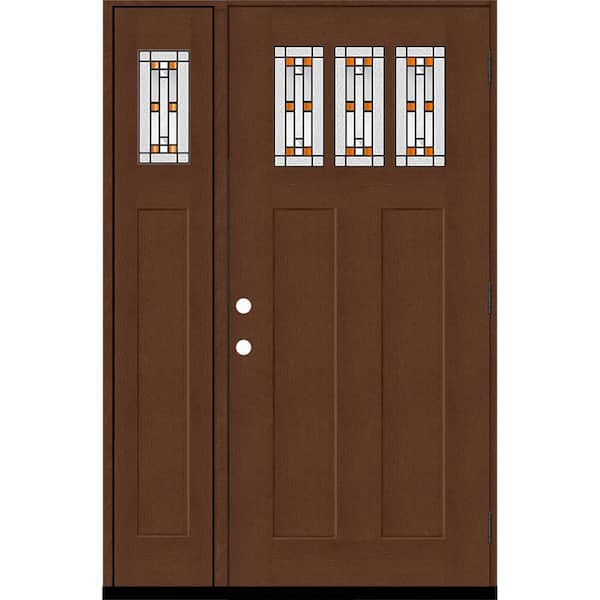 Steves & Sons Regency 53 in. x 80 in. 3Lite Amberton Deco Glass LHOS Chestnut Stain Fir Grain Fiberglass Prehung Front Door w/14in.SL