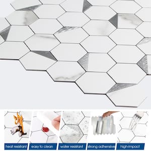 Hexagon Marble White Mixed Silver Metal 12 in. x 12 in. PVC Peel and Stick Backsplash Wall Tile (20 sq.ft./20-Sheets)