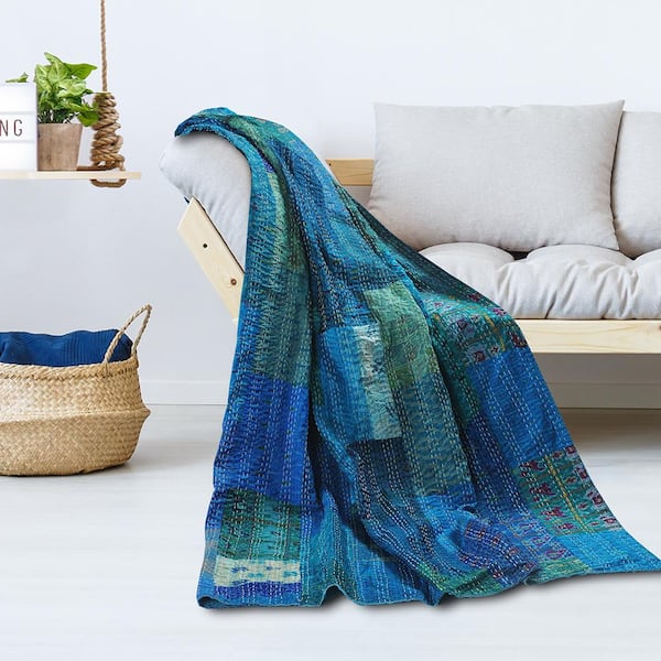 Unbranded Faith Blue/ Multicolored Patchwork Hand-Stitched All Natural Cotton Blend Throw Blanket