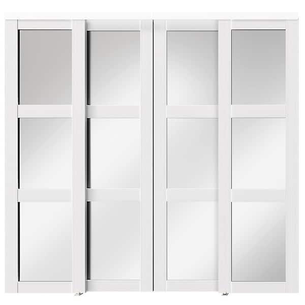 120 in. x 80 in., MDF Solid Core, Mirrored Glass, 3 Lite, PVC Covering, White Sliding Door with All Hardware